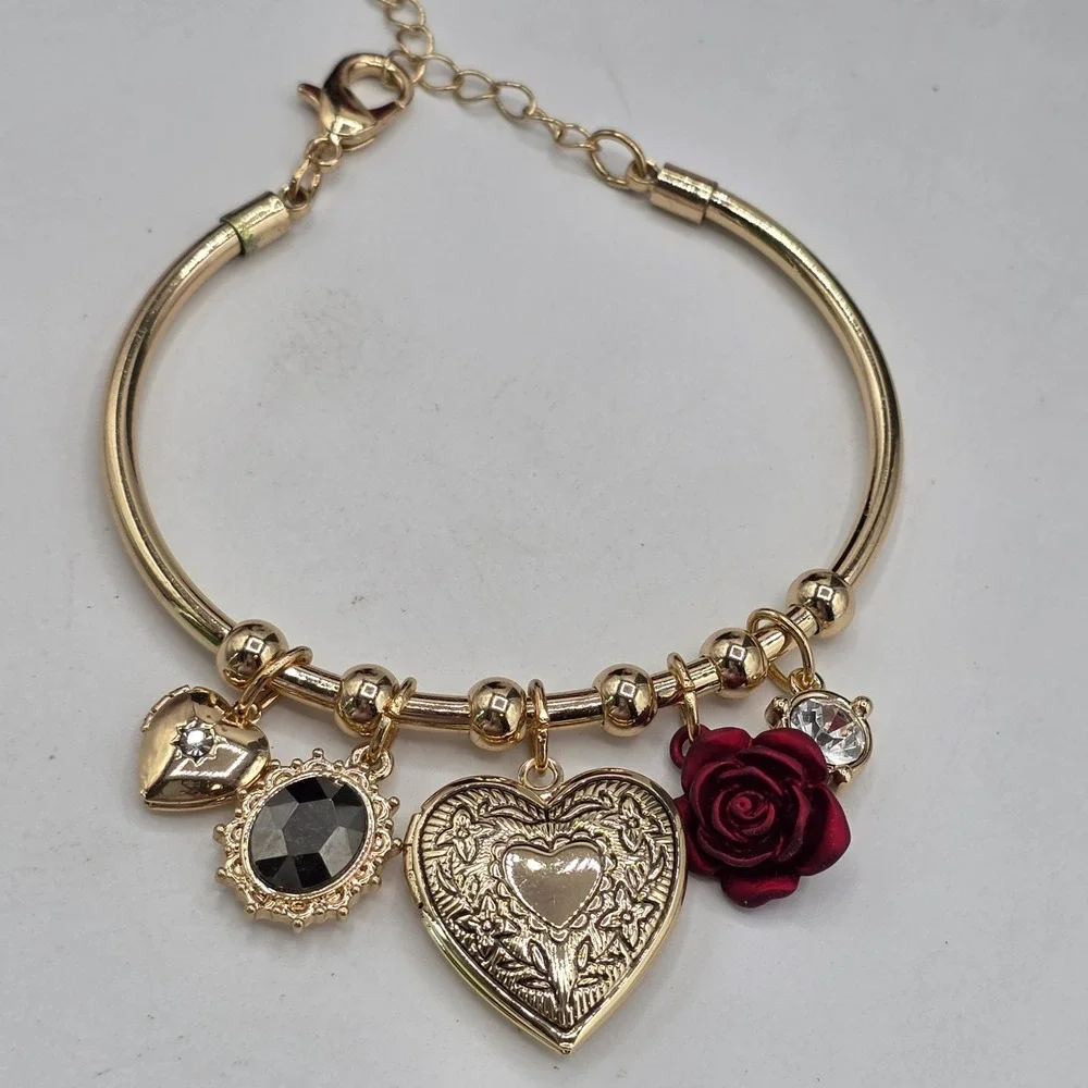 Guess Gold Tone Heart Locket Rose Charm Bangle Bracelet Adjustable Logo Tag